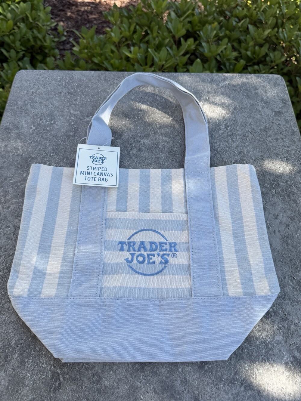 Trader Joe’s Limited Edition 2026 Drop Mini Stripe Canvas Tote Bag Blue Stripes